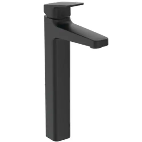 Waschtischarmatur in mattschwarz von Ideal Standard. Vertikale Form mit einem schmalen Auslauf und quadratischem Griff. Eignet sich für moderne Badezimmergestaltung.